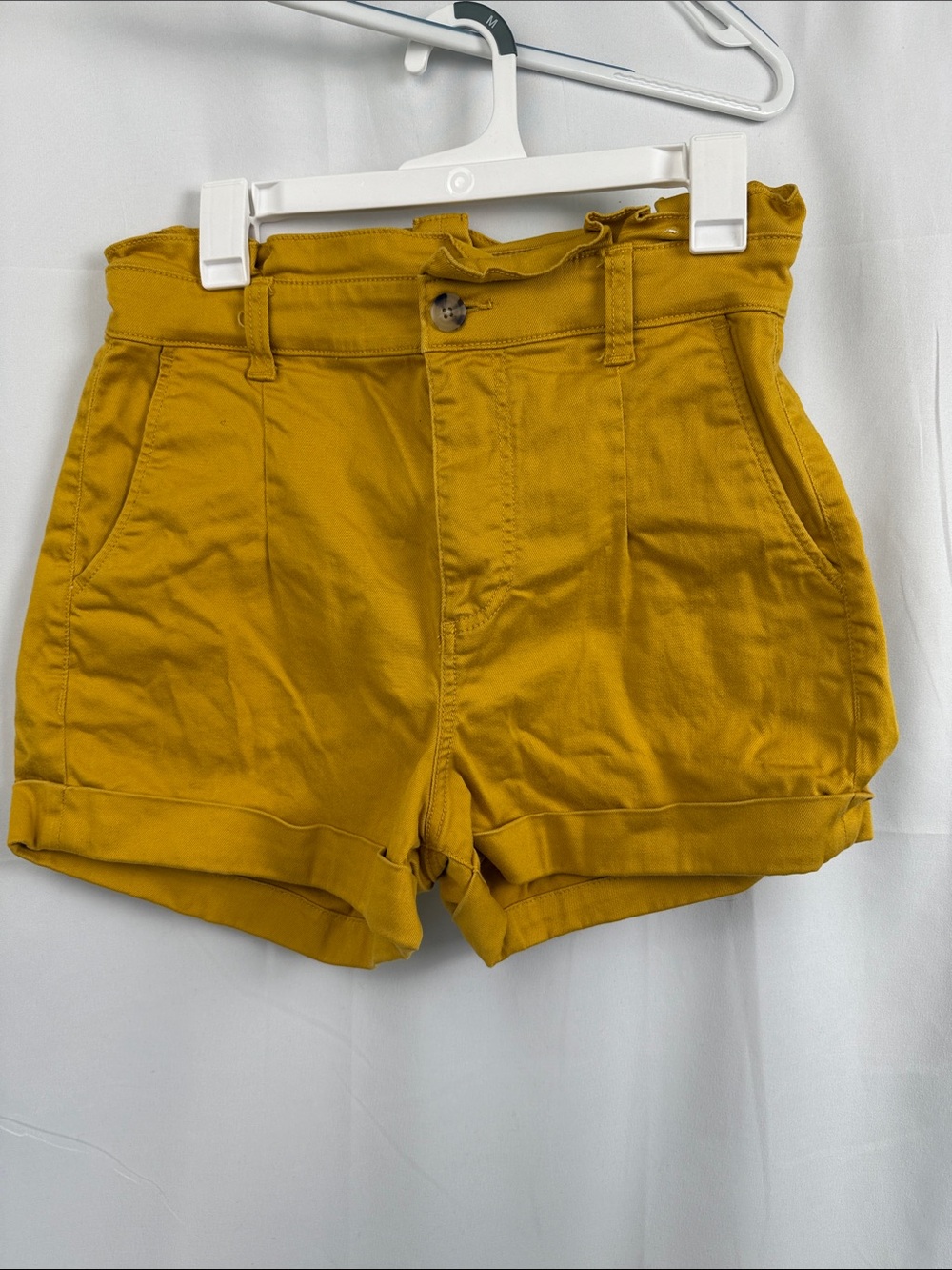 Express Mustard Paperbag High-Rise Rolled Hem Shorts